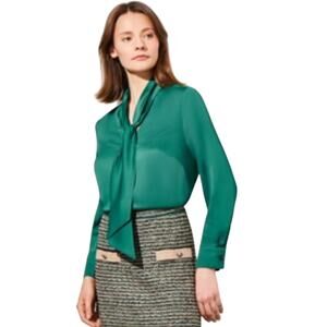 Ming Wang Tie-Neck Woven Crepe de Chine Blouse in Jewel Green size L